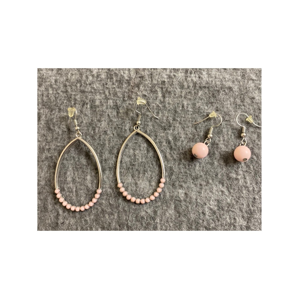 Pink Bead Silver Tone Earring Set Teardrop Hoops and Bead Drops 2 Pairs